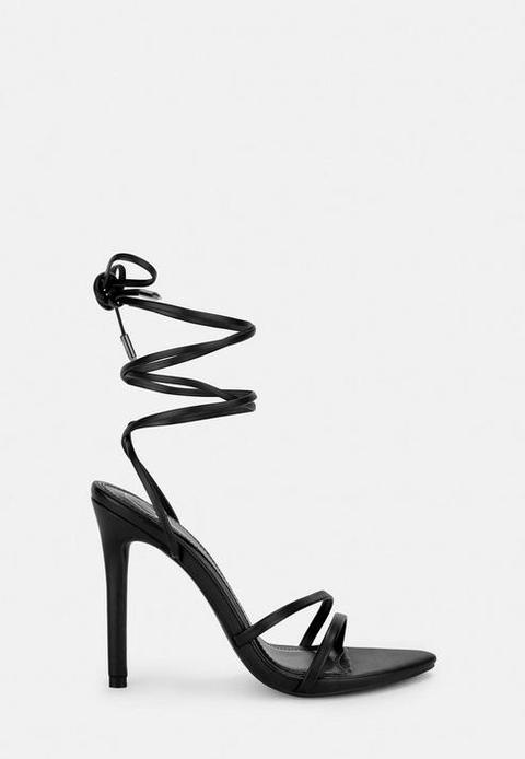 Black Lace Up Pointed Toe Barely There Heels, Black