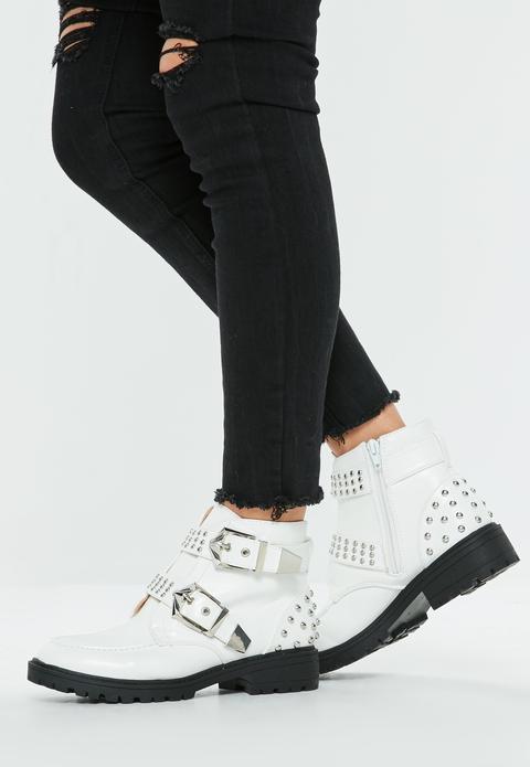 White Double Buckle Biker Boots