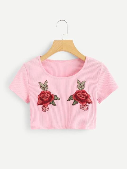 T-shirt A Costine Ricamate Con Ricamo In Rosa
