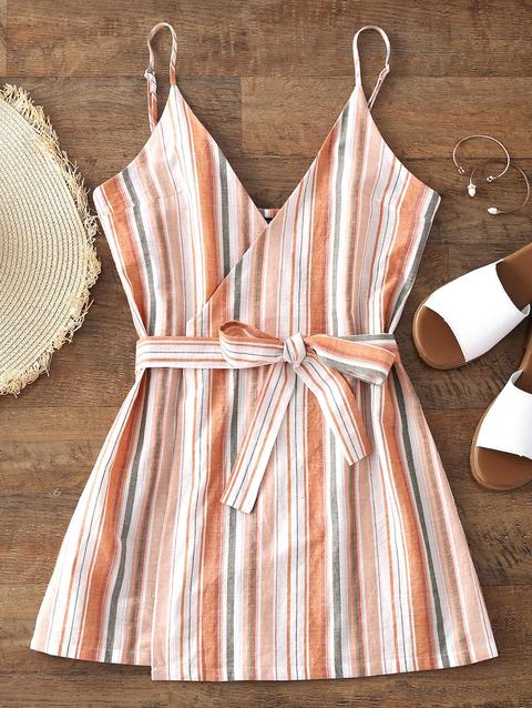 Mini Abito Avvolgente A Righe Con Cintura Light Blue Yellow Stripe