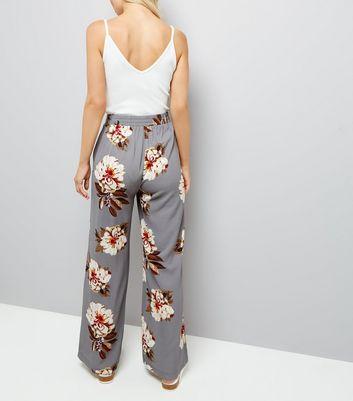 Grey Floral Print Wide Leg Trousers