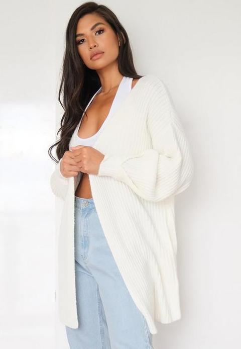 White Tuck Sleeve Knitted Cardigan, White