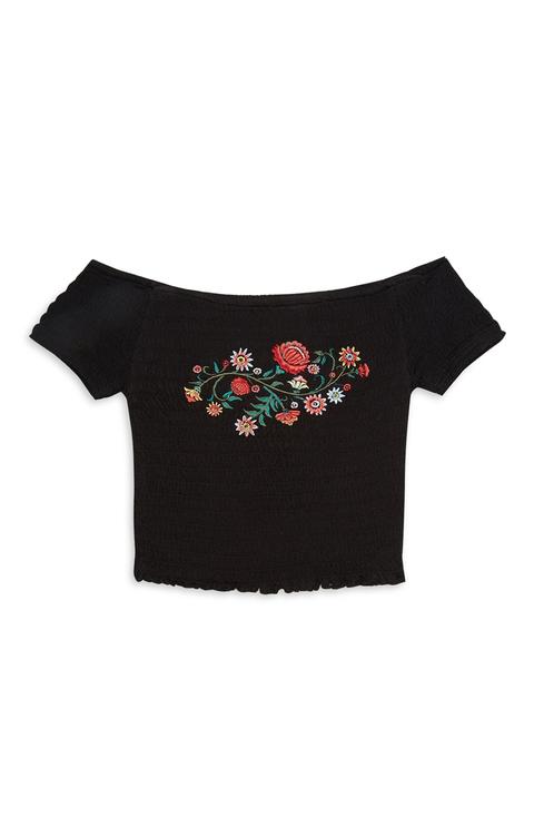 Black Embroidered Bardot Top