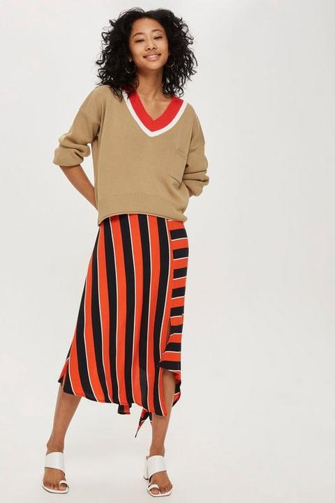 Womens Contrast V Neck Jumper - Tobacco, Tobacco