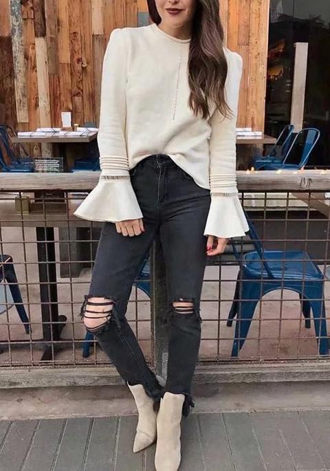 Jeans Lunghi Tagliati Strappati Distrutto Ragazzo A Vita Alta Mamma Casuale Nero