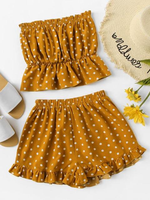 Top Bandeau De Lunares Con Shorts Bajo Fruncido