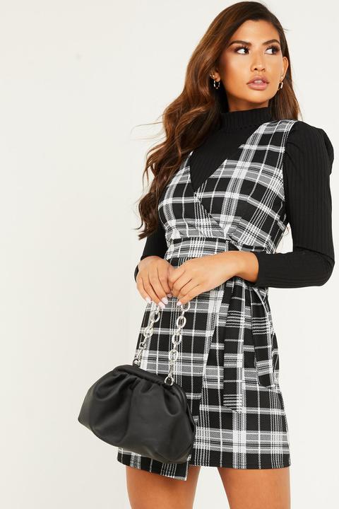 Black Check Wrap Pinafore Dress