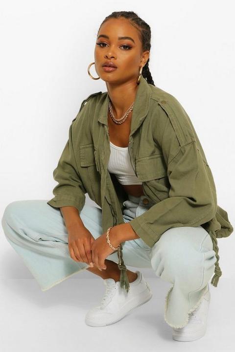 Womens Oversized Pocket Drawcord Denim Jacket - Green - 6, Green