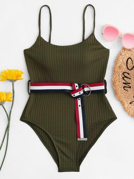 Plain Cintura One Pieces & Monokinis Verde Militare Costume Da Bagno