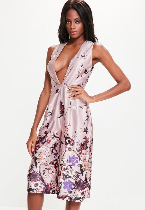 Pink Floral Print Satin Plunge Culotte Jumpsuit, Pink