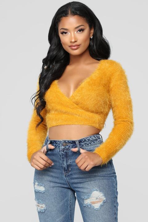 Melissa Cropped Surplice Sweater - Mustard