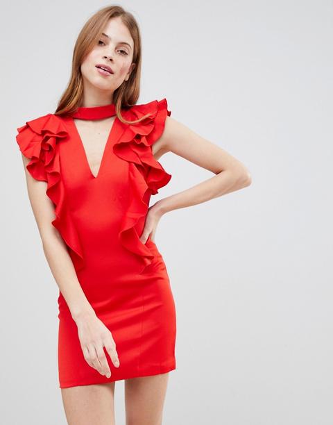 Glamorous - Vestito Girocollo Con Volant - Rosso