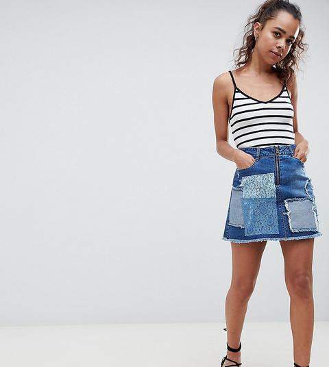 Urban Bliss Petite Deconstructed Lace Patchwork Denim Mini Skirt-multi