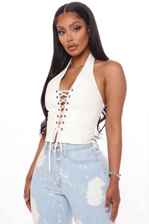 Rude Girl Faux Leather Halter Top - White