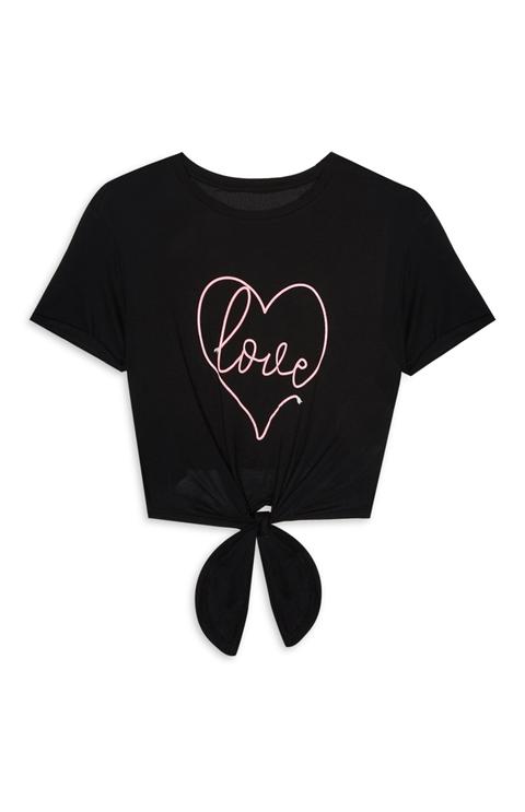 Black Slogan Tie Front Top