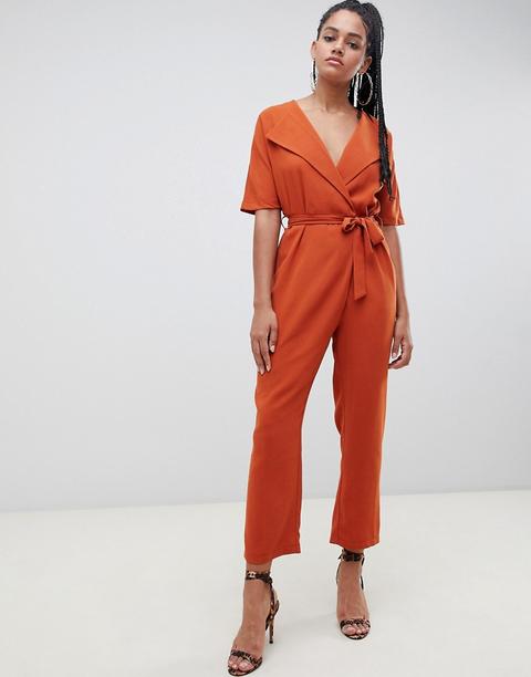 Mono Largo Cruzado Con Cinturón Anudado De Asos Design-marrón