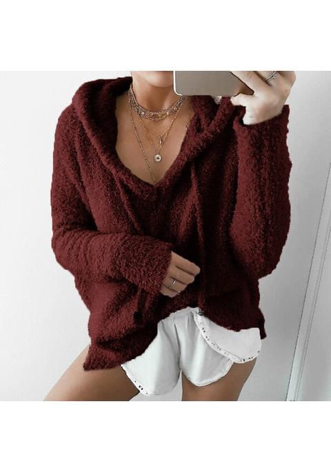 Wine Red Plain Drawstring Long Sleeve Fashion Hooded Sweatshirt