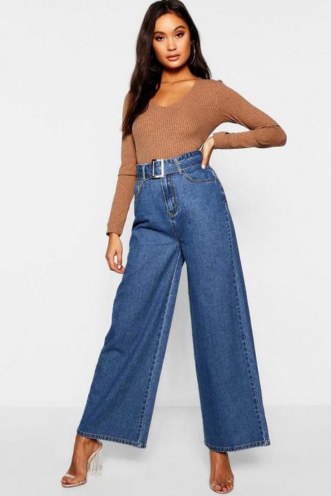 Jean Jambes Larges Taille Haute Avec Ceinture - Bleu Foncé - 10, Bleu Foncé