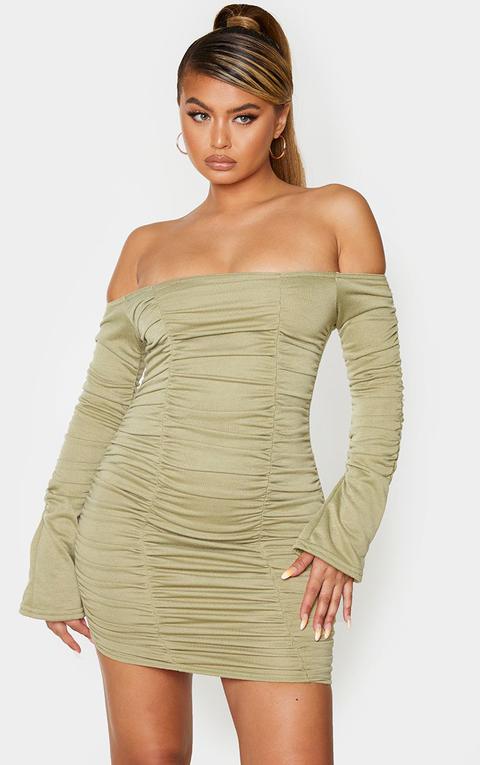 Sage Green Bardot Ruched Sweater Dress