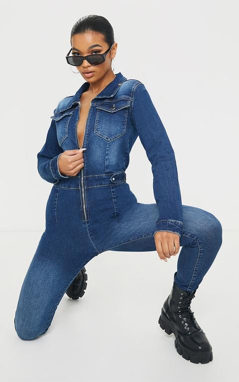 Mid Blue Wash Stretch Zip Through Denim Boilersuit