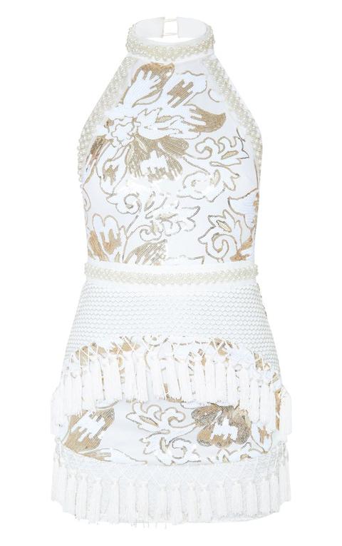 charlyia white premium halterneck sequin tassel bodycon dress