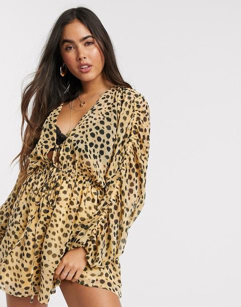 Mono Corto De Chifón Con Mangas Ablusonadas Y Cintura Fruncida Con Estampado De Leopardo De Asos Design-multicolor