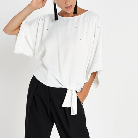White Pearl Embellished Knot Side Top