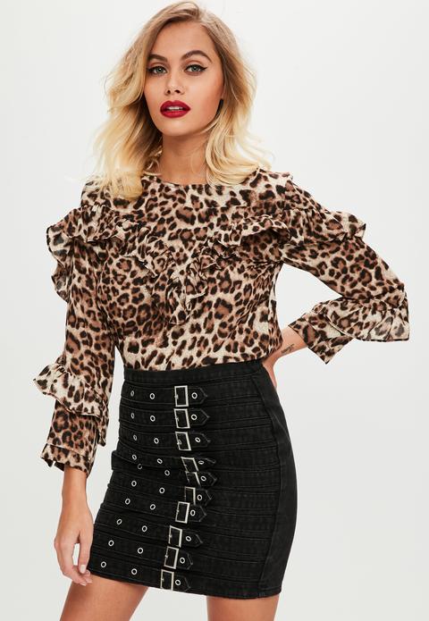 Brown Leopard Print Frill Blouse