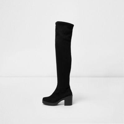 Black Faux Suede Chunky Over The Knee Boots