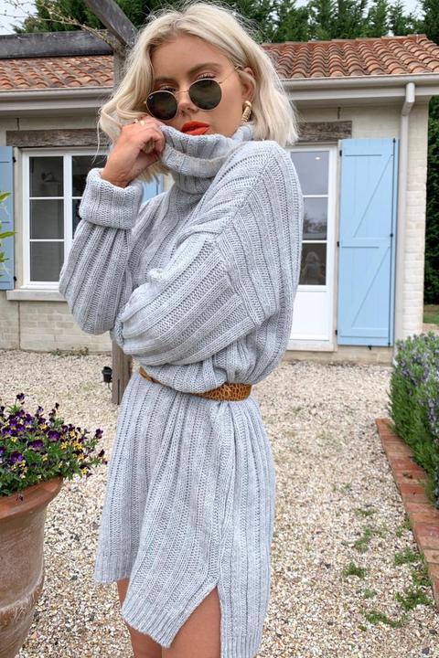 Grey Splits - Laura Jade Grey Oversized Chunky Knitted Jumper Dress With Side Splits