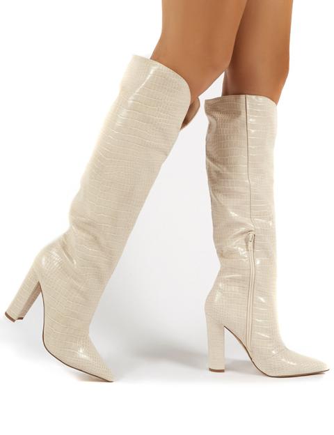 Nude croc knee high boots hot sale