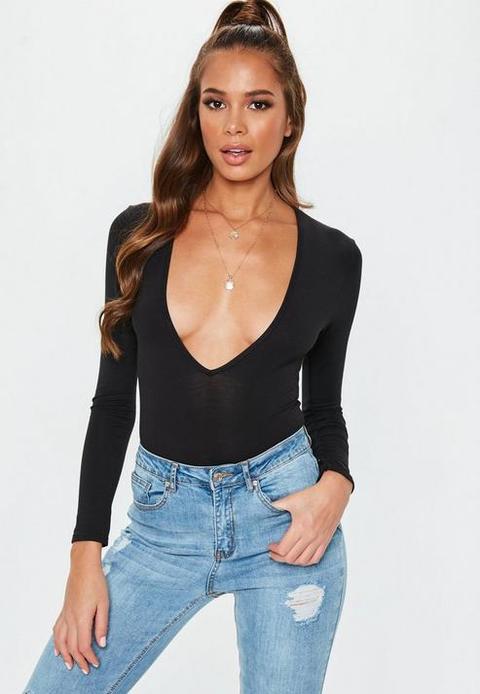 Black V Neck Long Sleeve Bodysuit, Black