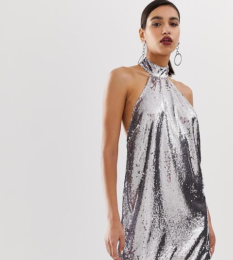 Asos Design - Vestitino Allacciato Al Collo Con Paillettes A Specchio - Argento