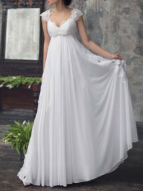 Abito Lungo Scollo A V In Chiffon Con Pizzo Senza Maniche Abito Da Cerimonia Formale Bianco