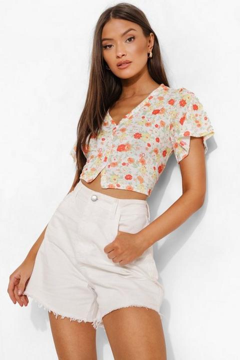 Womens Printed Button Up V Neck Top - Orange - 16, Orange