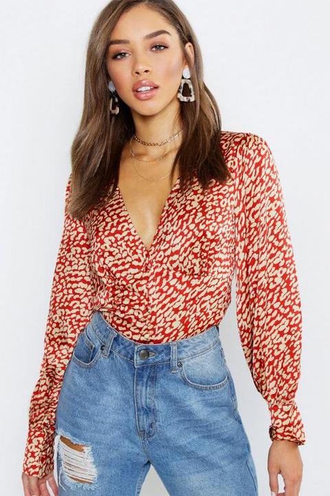 Satin Leopard Button Through Blouse