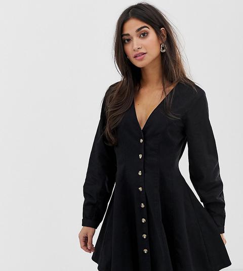 Asos Design Petite Denim Long Sleeve Button Through Tea Dress In Washed Black