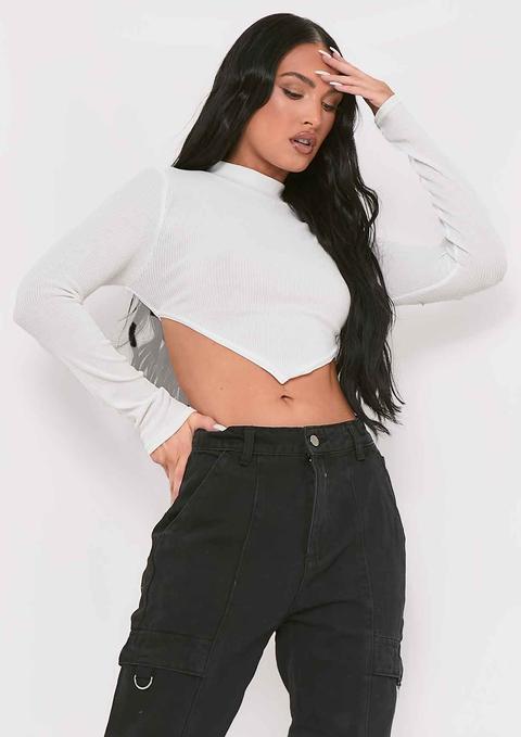 Roderiga White Ribbed High Neck Tie Back Crop Top