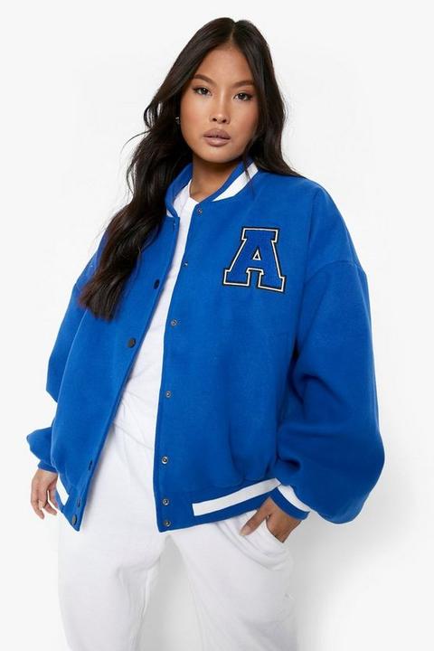 Womens Petite Patch Letter Oversized Varsity Jacket - Blue - 14, Blue