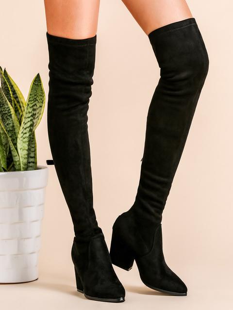 Botas Faux Suede Con Puntera Punta Espalda Con Cremallera Y Tacón Grueso Negro