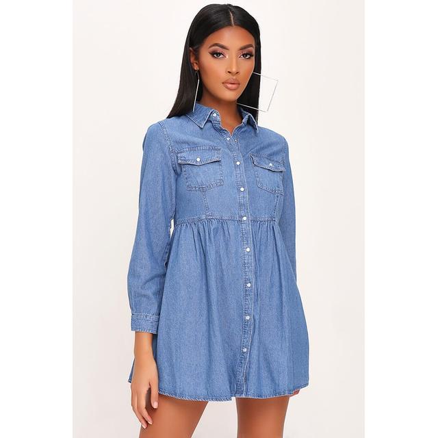 Mid Wash Long Sleeve Denim Shirt Dress 