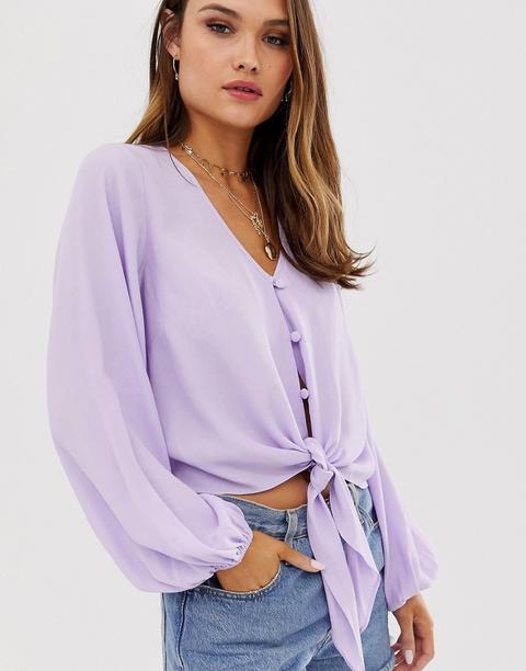 Top De Manga Larga Con Botones En La Parte Delantera Y Detalle Anudado De Asos Design-violeta