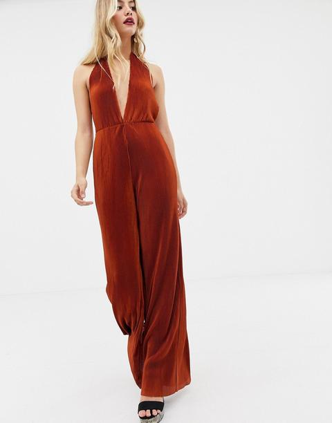 Mono Largo Plisado Con Cuello Halter Escotado De Asos Design-marrón