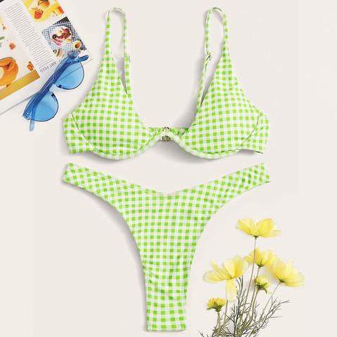 Set De Bikini Top Con Aro De Guingán De Pierna Alta