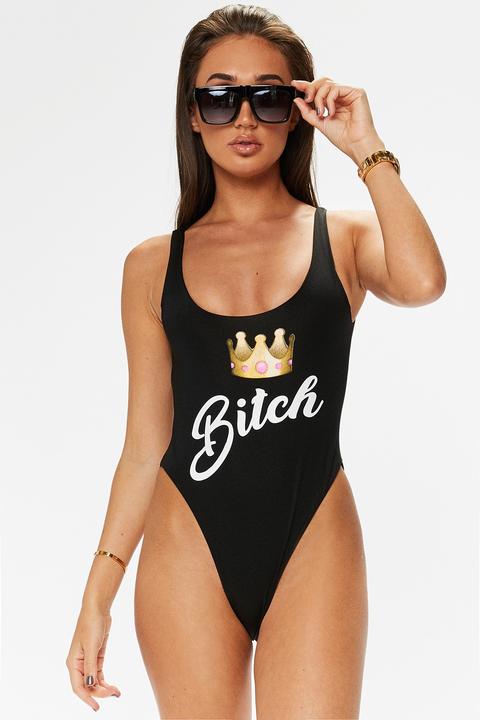 Megan Mckenna Black Bitch Slogan Swimsuit