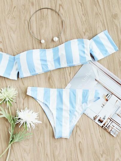 Striped Off The Shoulder Top With Low Rise Bikini Set