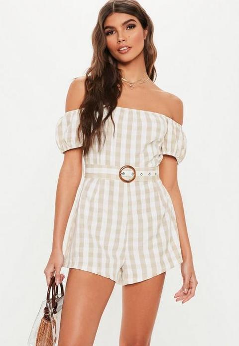 Stone Gingham Bardot Belt Playsuit, Stone