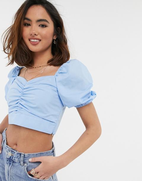 Miss Selfridge Poplin Puff Sleeve Blouse In Blue