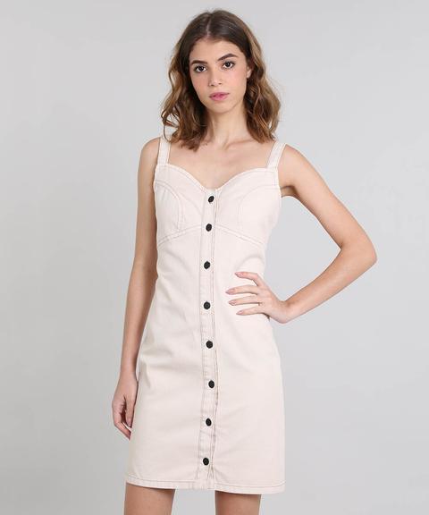 Vestido Feminino Mindset Com Botões E Recortes De Sarja Bege