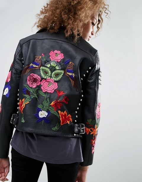 Chaqueta Biker De Cuero Con Bordado Floral Y Detalle De Tachuelas De Asos Premium